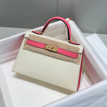 HM KELLY MINI 20 BLANC ROSE EPSOM QUINCAILLERIE OR