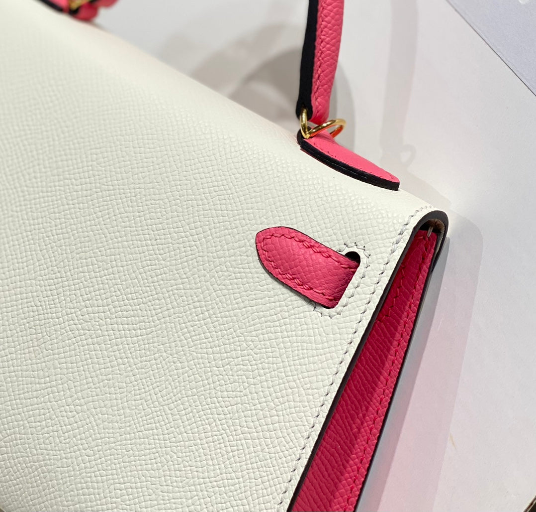 HM KELLY MINI 20 BLANC ROSE EPSOM QUINCAILLERIE OR