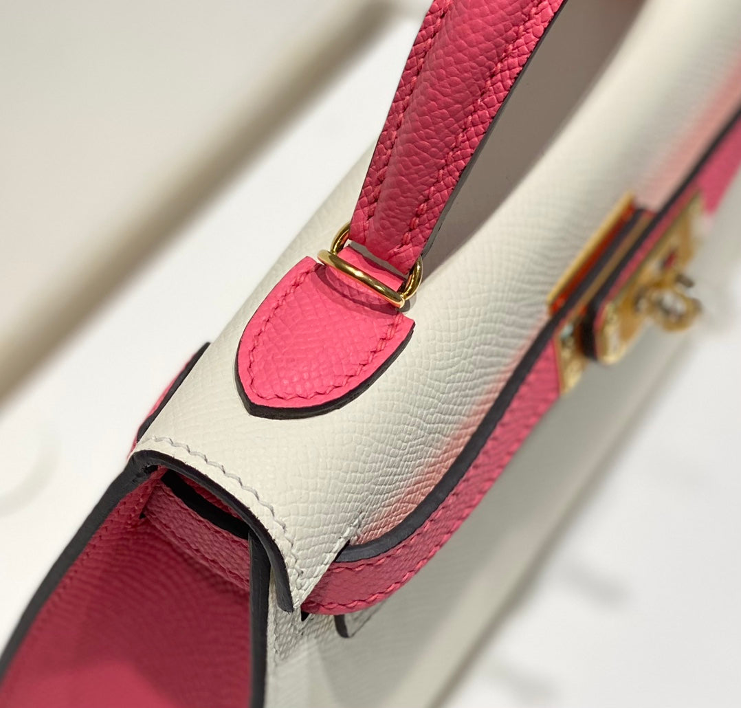 HM KELLY MINI 20 BLANC ROSE EPSOM QUINCAILLERIE OR