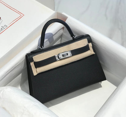HM KELLY MINI 20 NOIR EPSOM QUINCAILLERIE ARGENTÉE