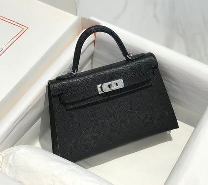 HM KELLY MINI 20 NOIR EPSOM QUINCAILLERIE ARGENTÉE