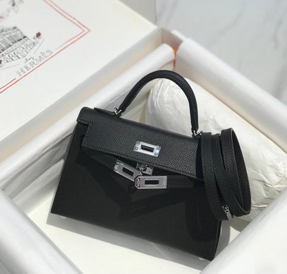 HM KELLY MINI 20 NOIR EPSOM QUINCAILLERIE ARGENTÉE