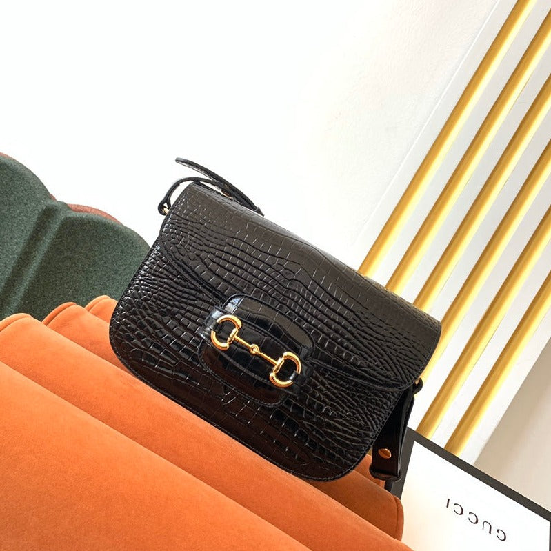 Sac à mors GG 1955 25 cm en cuir de crocodile noir et accessoires dorés
