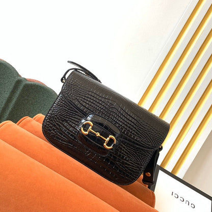 Sac à mors GG 1955 25 cm en cuir de crocodile noir et accessoires dorés