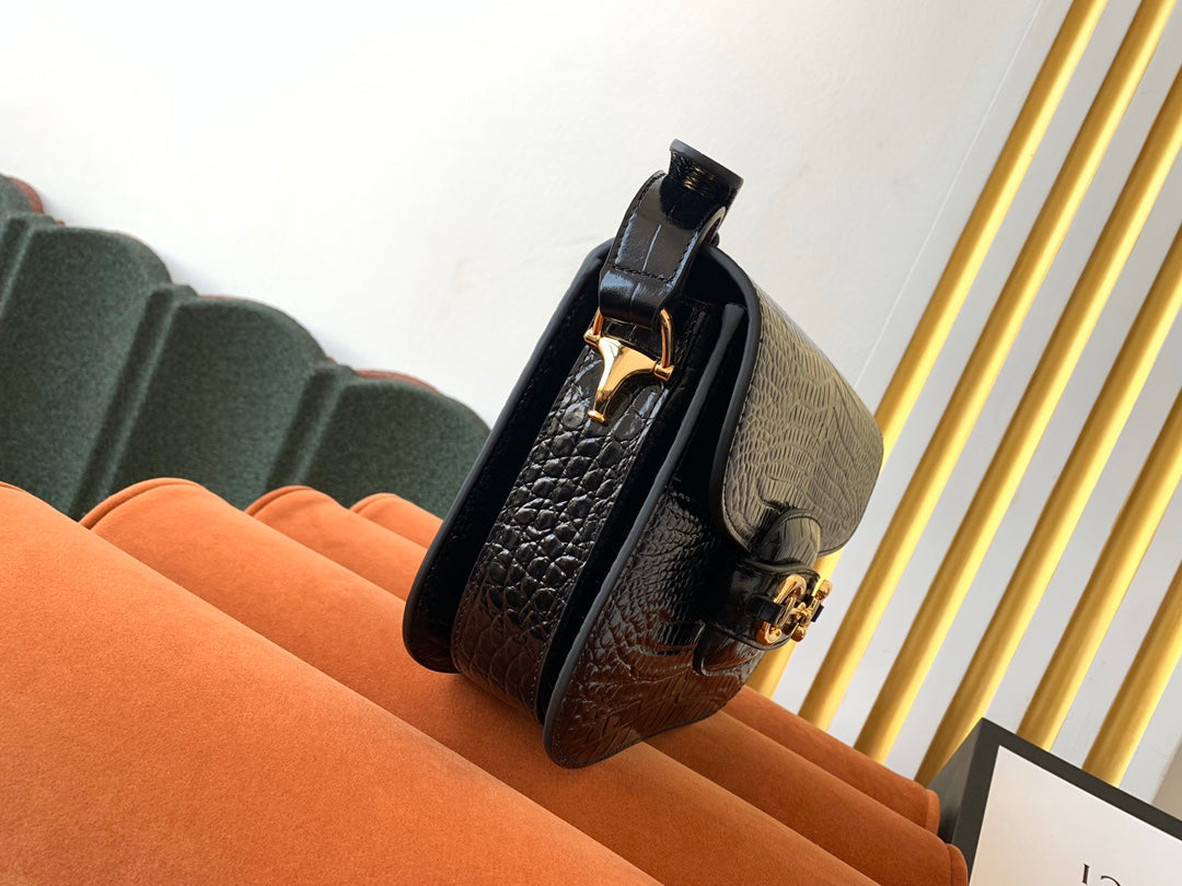 Sac à mors GG 1955 25 cm en cuir de crocodile noir et accessoires dorés