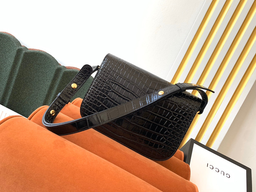 Sac à mors GG 1955 25 cm en cuir de crocodile noir et accessoires dorés