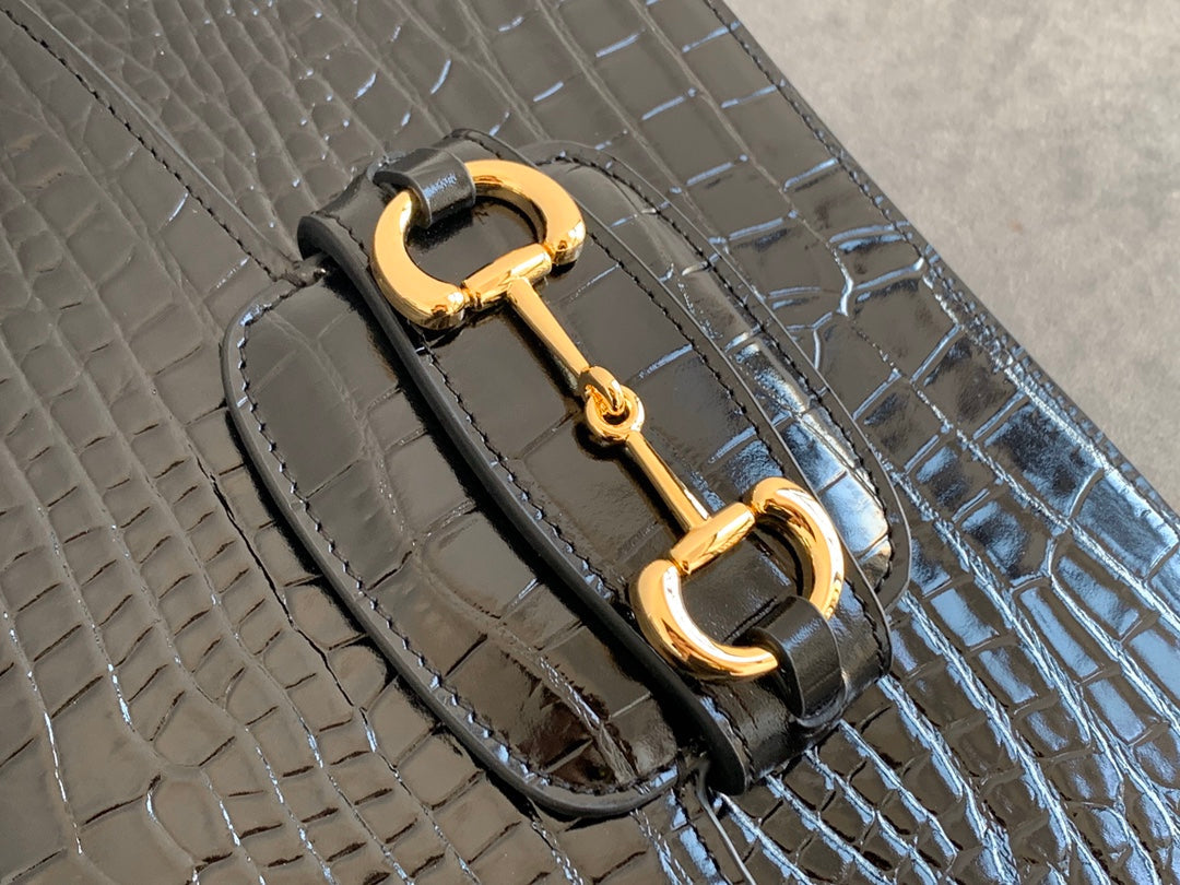 Sac à mors GG 1955 25 cm en cuir de crocodile noir et accessoires dorés