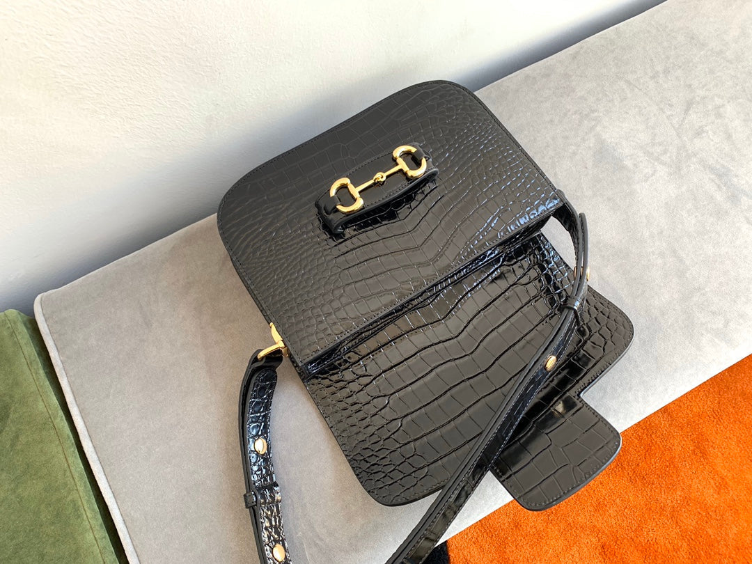 Sac à mors GG 1955 25 cm en cuir de crocodile noir et accessoires dorés