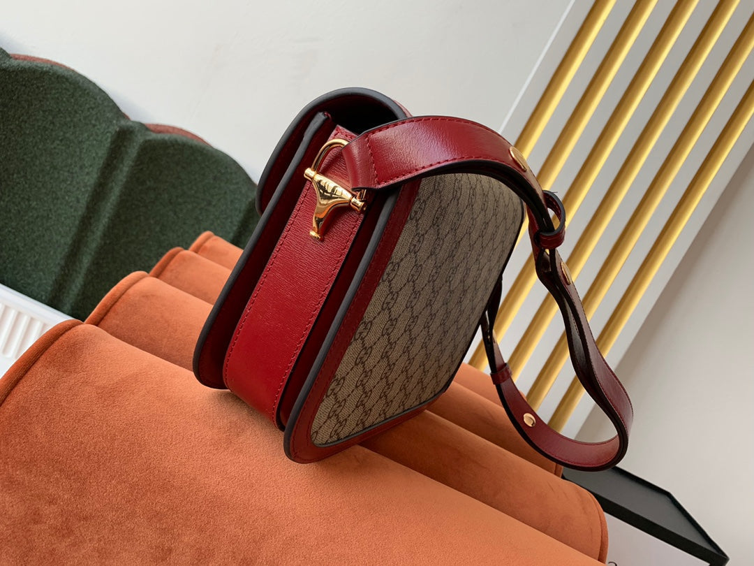GG 1955 ホースビットバッグ 25cm レッドレザー ベージュキャンバス ゴールド金具