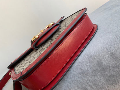 GG 1955 ホースビットバッグ 25cm レッドレザー ベージュキャンバス ゴールド金具