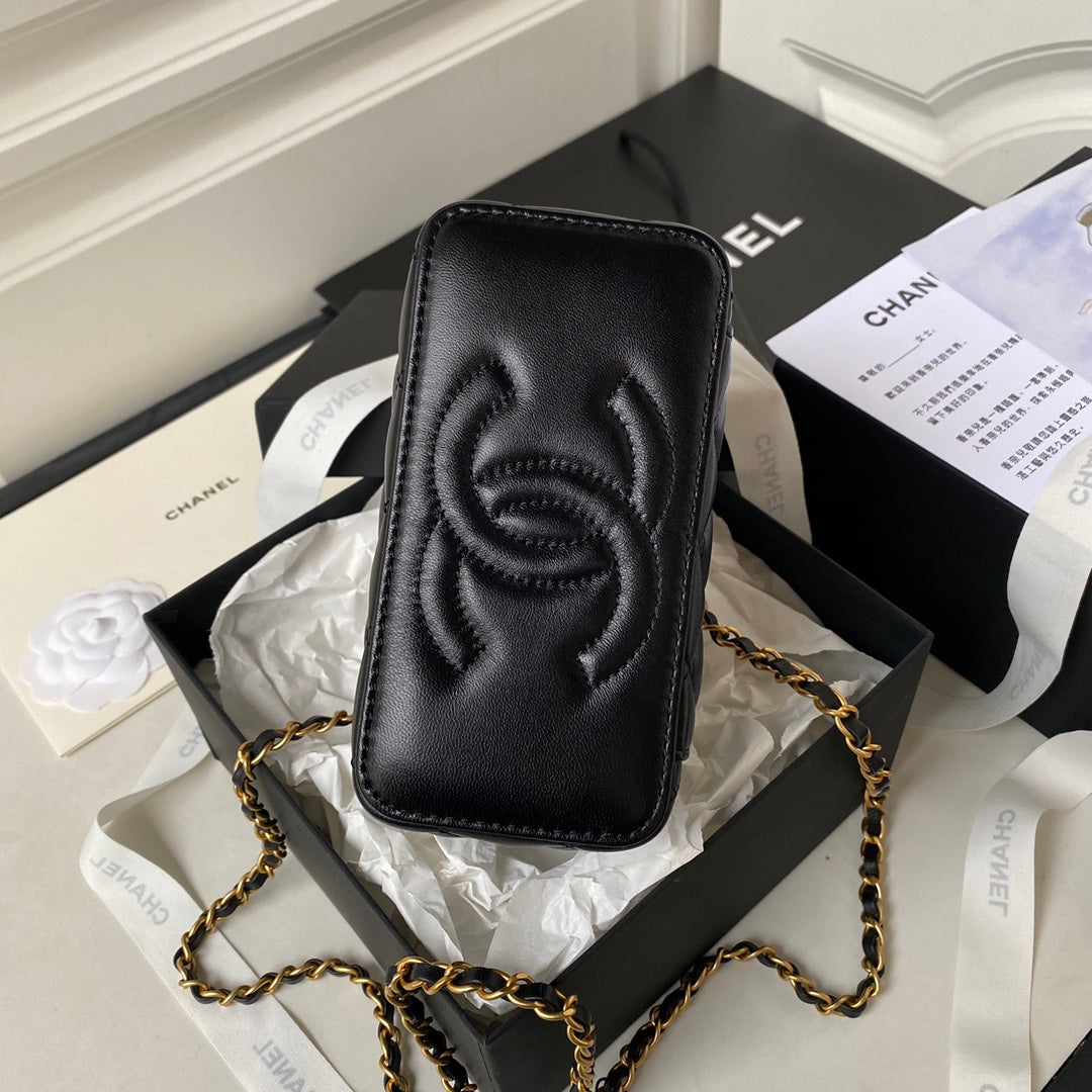 Trousse de toilette CC 17 cm en cuir d'agneau noir Quincaillerie dorée
