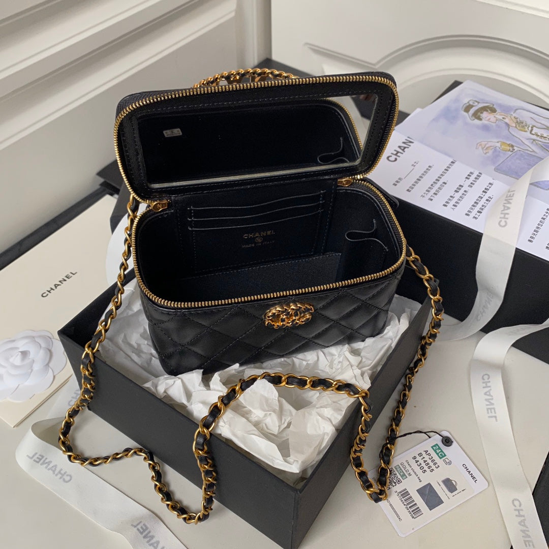Trousse de toilette CC 17 cm en cuir d'agneau noir Quincaillerie dorée