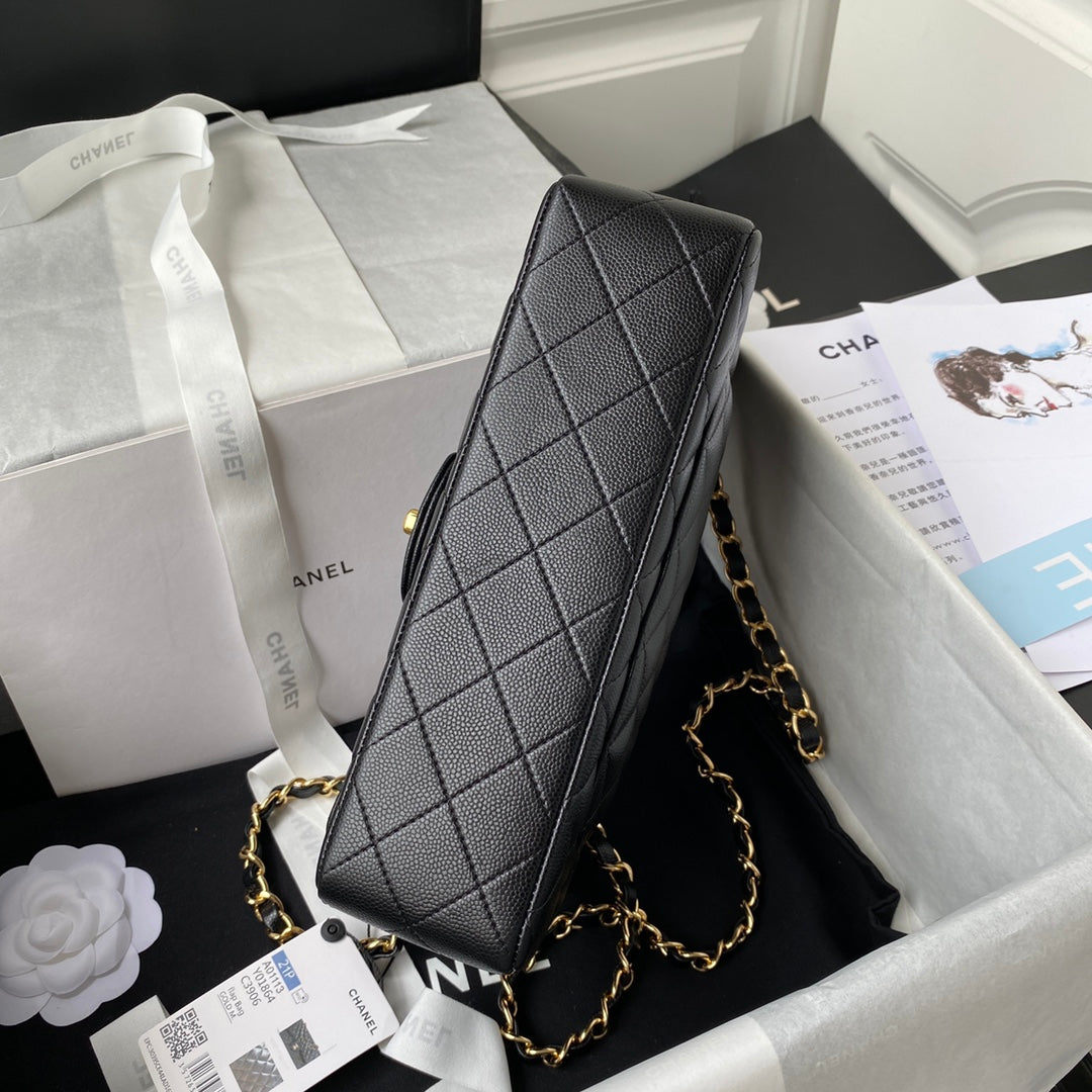 Sac à rabat classique moyen 23 cm Noir Caviar Quincaillerie dorée 